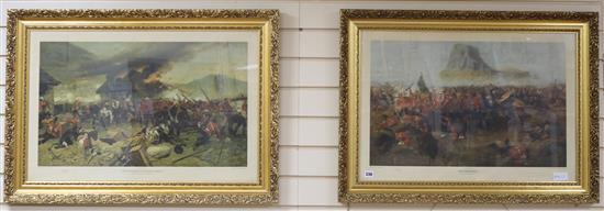 Two Royal Regiment of Wales limited edition prints, Defence of Rorkes Drift and Isandhlwana, signed in ink, 29 x 29in.